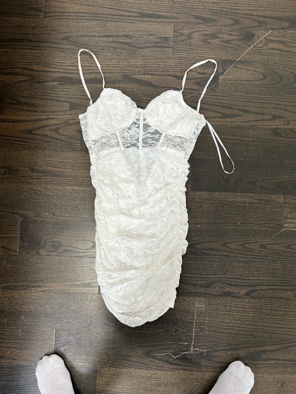Lulu's White Lace Ruched Slip Dress with Spaghetti Straps
